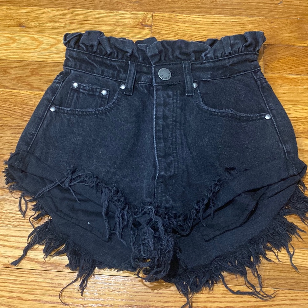 Signature8 black jean shorts with ruffle detail